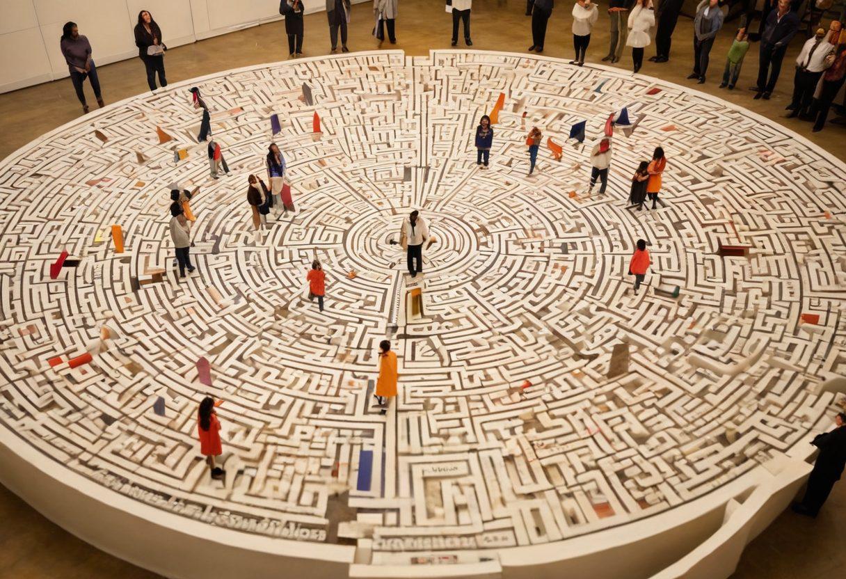 A diverse group of people, including a felon, a family, and a supportive friend, standing together in front of a large, intricate maze made of insurance documents and policy papers. They are looking determined and hopeful, with bright light illuminating the path ahead. Include symbolic elements like keys and compasses representing guidance and support. A vibrant color palette to convey optimism and hopefulness. super-realistic. vibrant colors. white background.