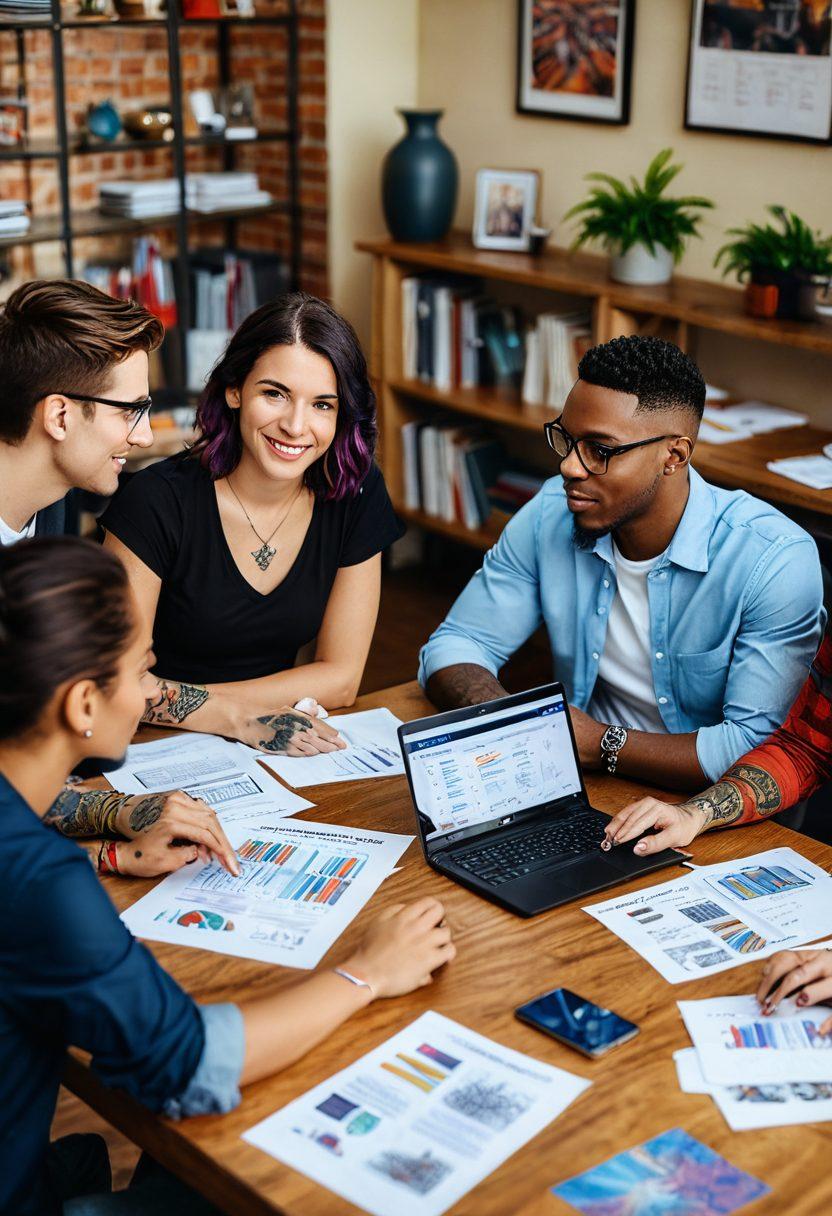 A diverse group of individuals with tattoos and casual attire engaging in a conversation about insurance options, surrounded by paperwork, a laptop, and an infographic displaying various insurance coverage types. Bright and inviting colors to convey hope and support, with a soft-focus background depicting an urban setting. super-realistic. vibrant colors.